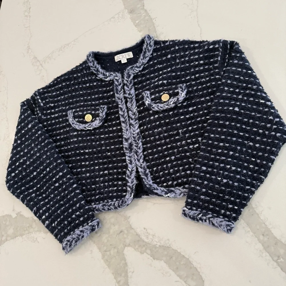 J. Crew Cropped Lady Jacket Marled Yarn Women’s XS Blue Hook & Eye Closure Knit - Picture 2 of 7